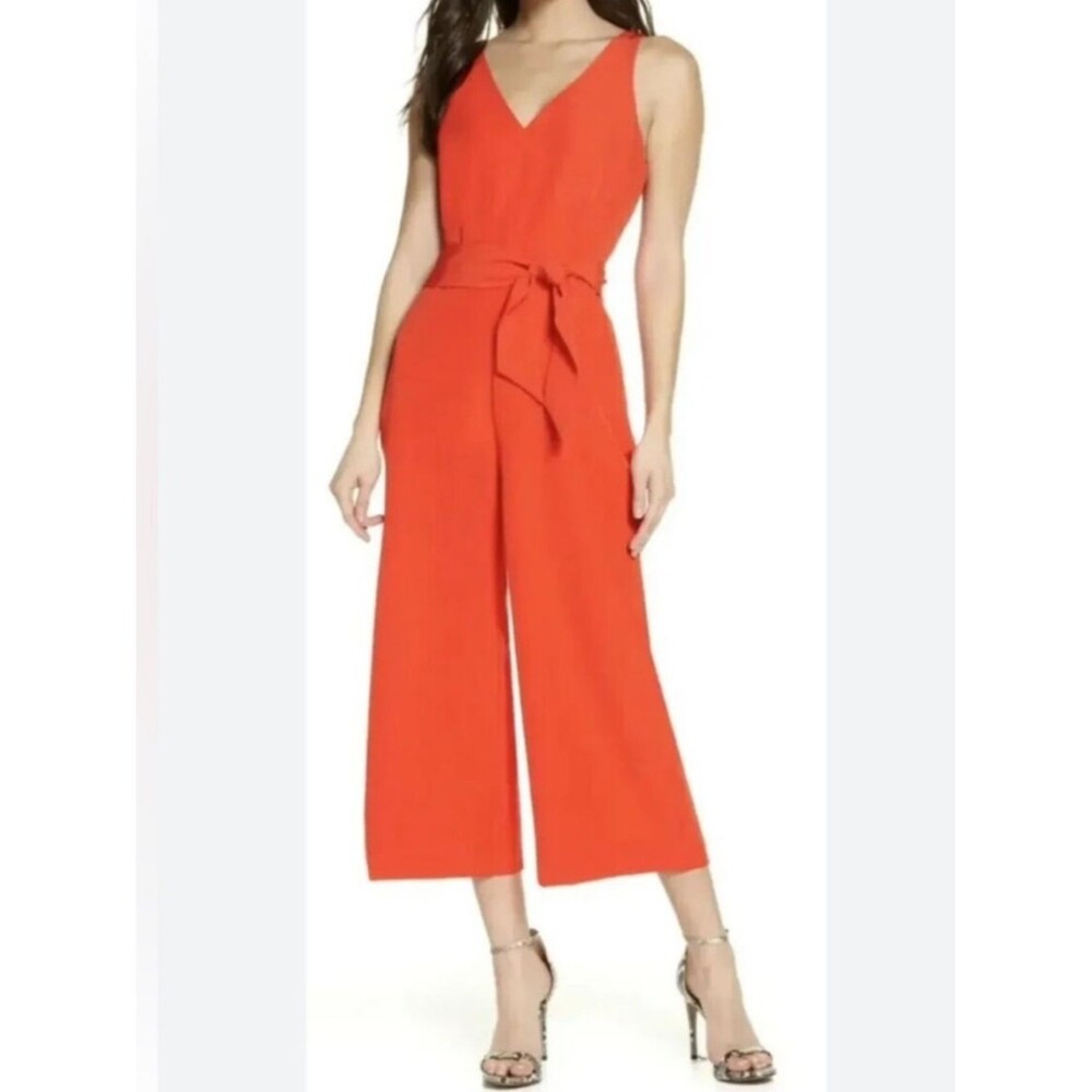 Sam Edelman Wide Leg Cropped Sleeveless Coral Red Jumpsuit Size 10 *no belt*